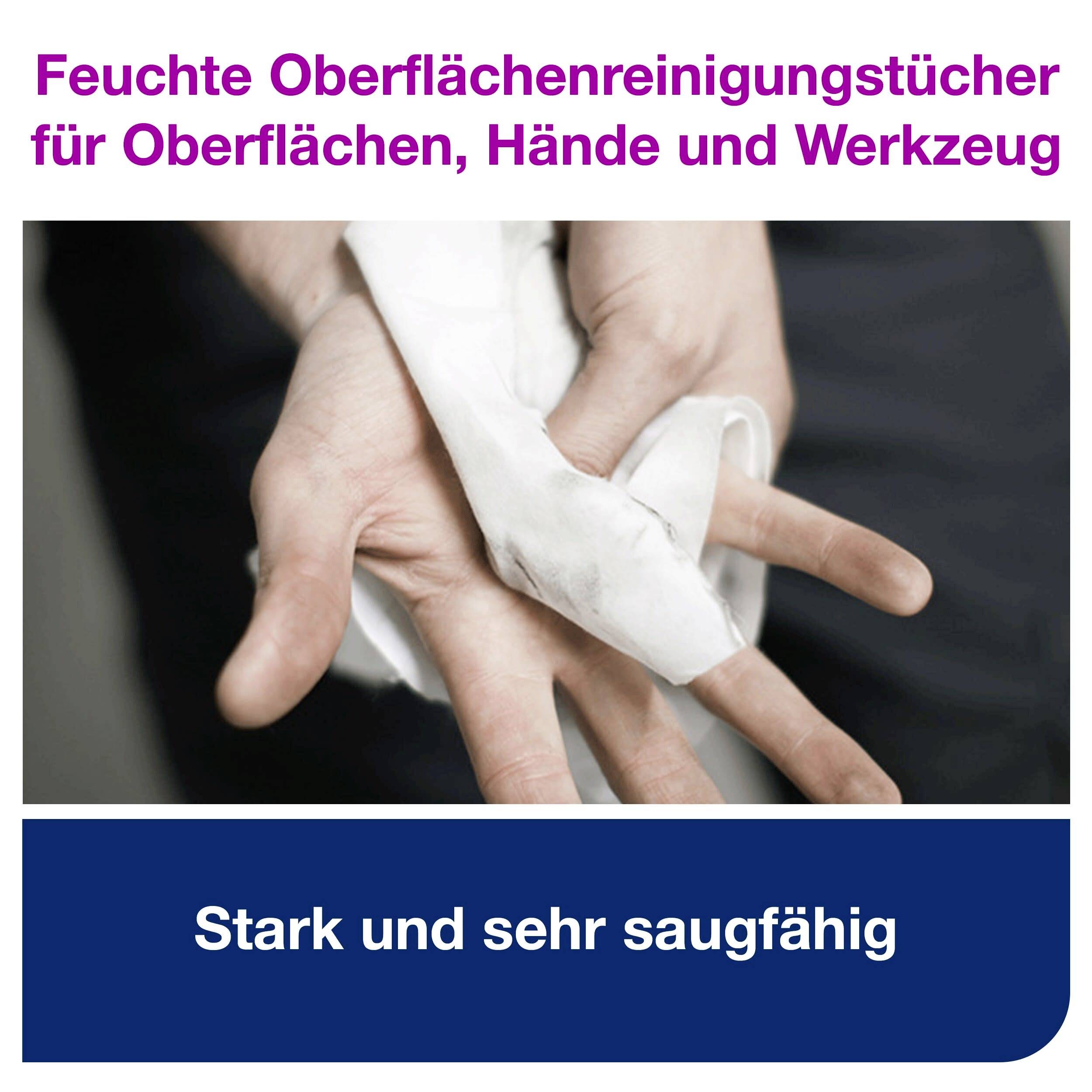 A person is cleaning their hands with a wet cleaning wipe. Above it reads: 'Wet surface cleaning wipes for surfaces, hands and tools'. Below: 'Strong and highly absorbent'.