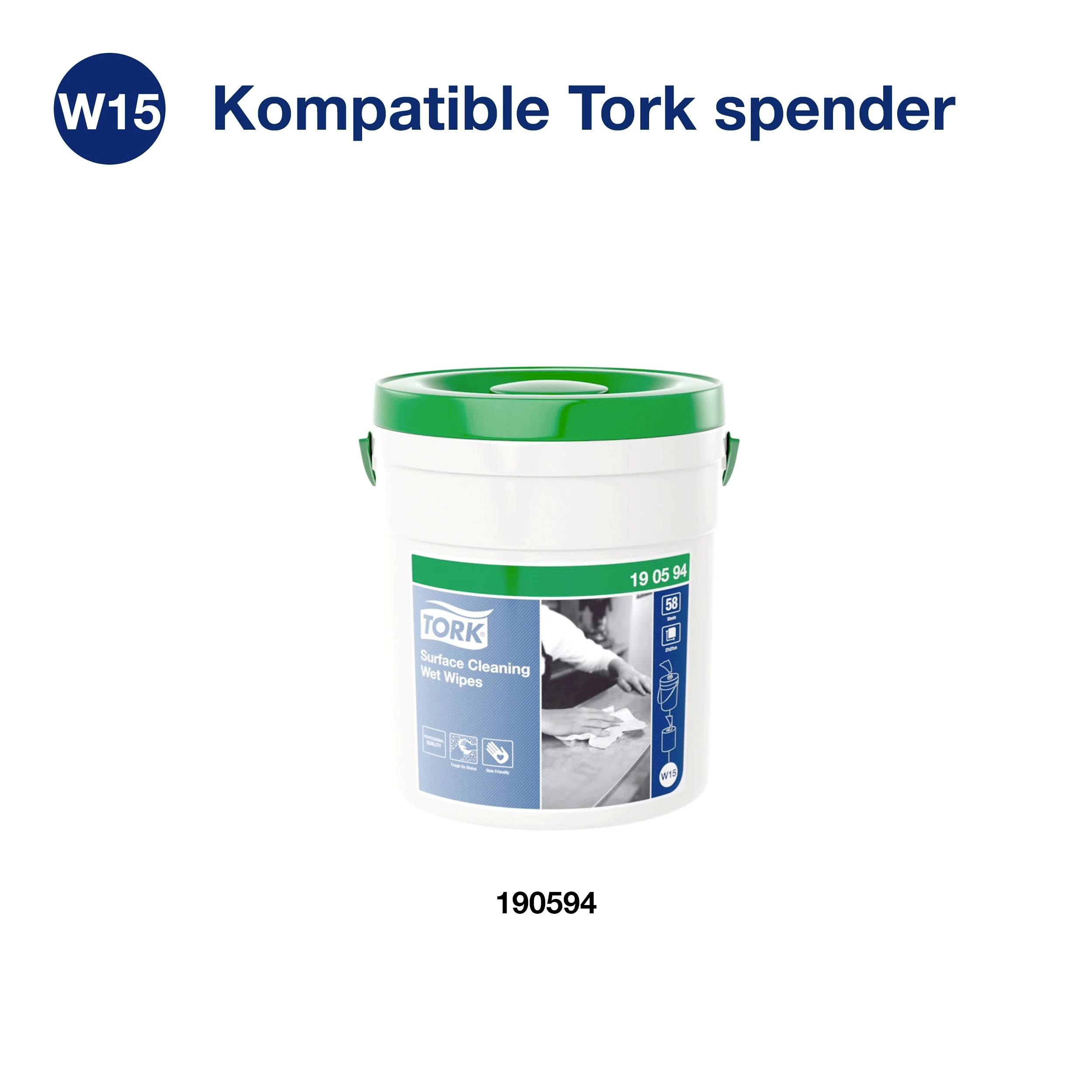 A white bucket with a green lid by Tork, labelled 'Surface Cleaning Wet Wipes'. Underneath is the number '190594'.