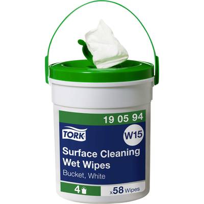 A bucket of Tork surface cleaning wipes, white. Contains 58 wipes. Product code: 19 05 94, W15.