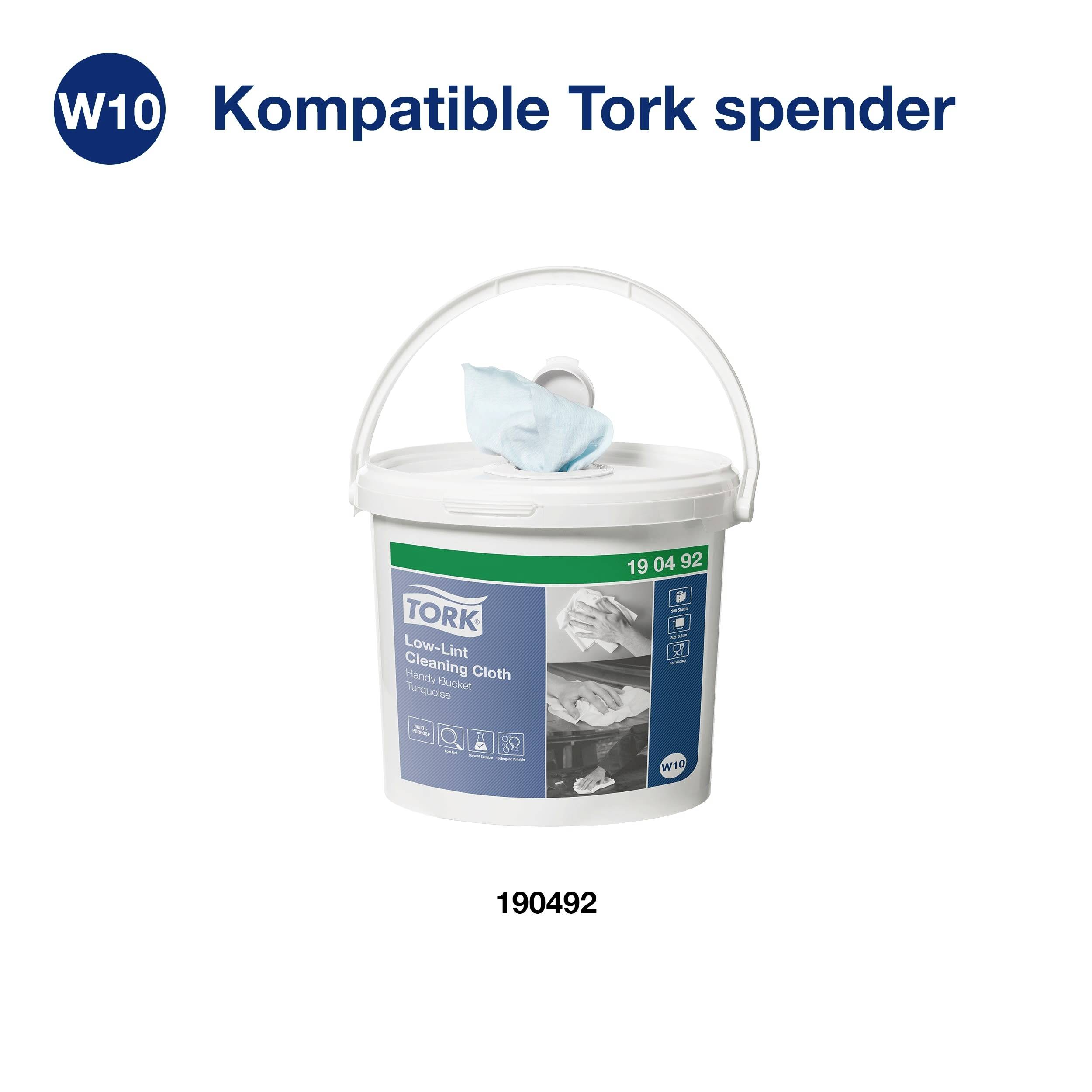 A white bucket with Tork cleaning wipes and a blue cloth, labelled with '190492' and 'Compatible Tork dispenser'.