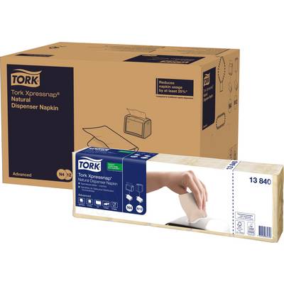 Packaging for Tork Xpressnap Natural Dispenser Napkins, reduces napkin consumption by 25%. Includes an image of a hand removing a napkin.
