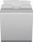 Metallic towel dispenser with a paper towel protruding from the top.