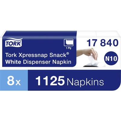 '8x 1125 Napkins' with a hand showing the extraction of a napkin from a Tork Xpressnap Snack White Dispenser.