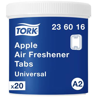 A blue container of 'Apple Air Freshener Tabs' by Tork, contains 20 pieces, Series 23 60 16, Fragrance A2. Suitable for universal use.