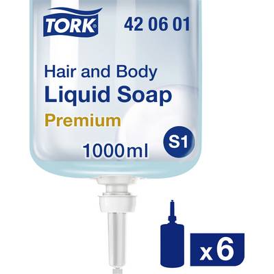 Bottle of 'Tork Hair and Body Liquid Soap Premium', 1000ml, S1 Dispenser System, Pack of 6 Pieces.
