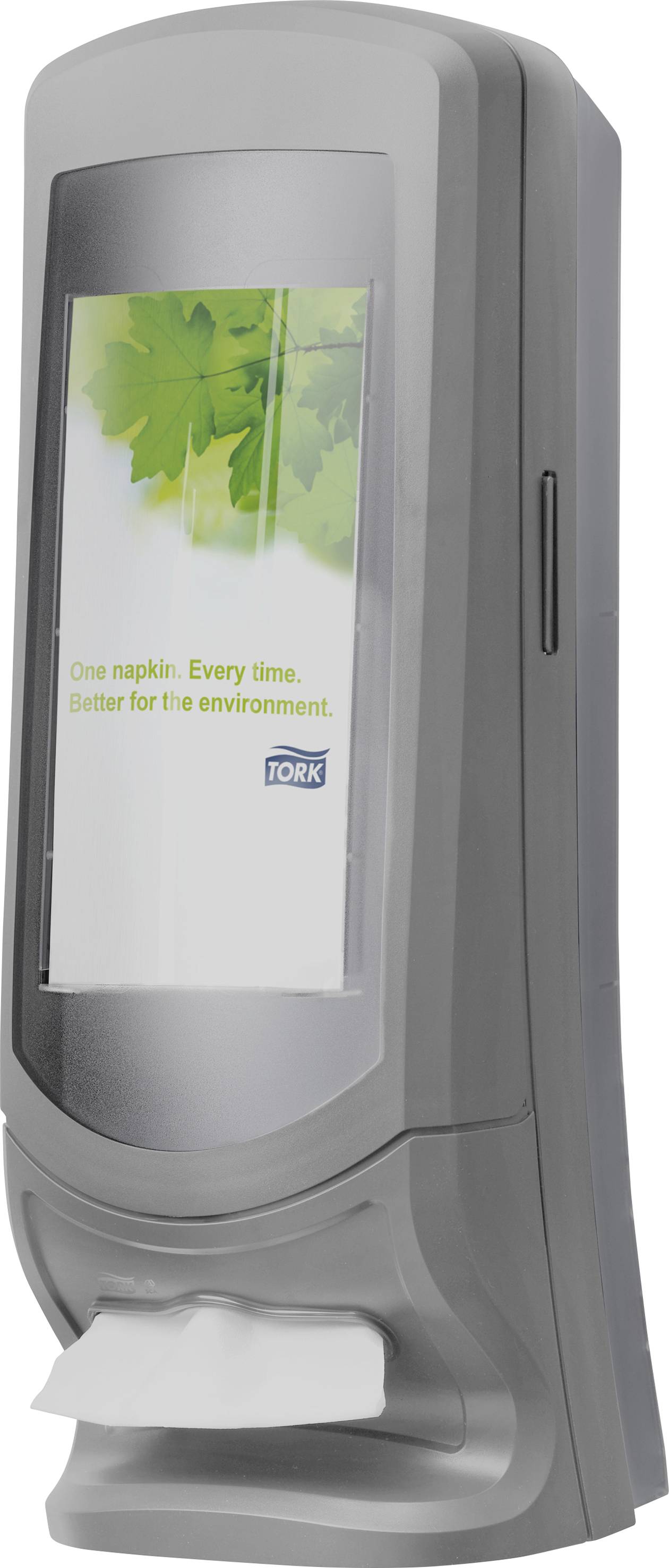 Grey napkin dispenser with a green leaf motif and inscription: 'One napkin. Every time. Better for the environment.'