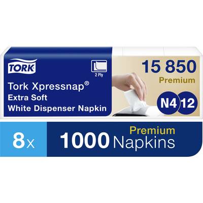 'Packaging of Tork Xpressnap Napkins, 1000 pieces, Premium quality. Image shows a hand removing a napkin from a dispenser.'