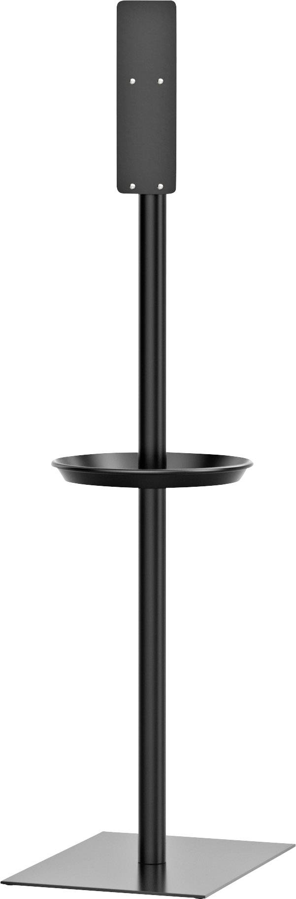 Black, freestanding hand sanitiser dispenser without a bottle, with a round holder mounted on a stable square base.