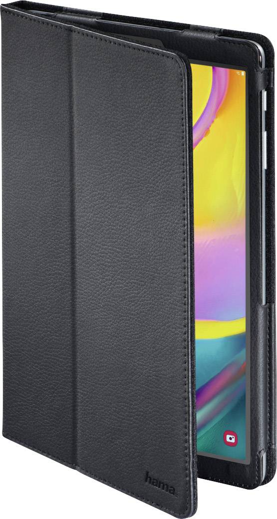 A black tablet protective case with a slightly open cover, revealing part of a tablet. The tablet displays colourful colours on the screen.