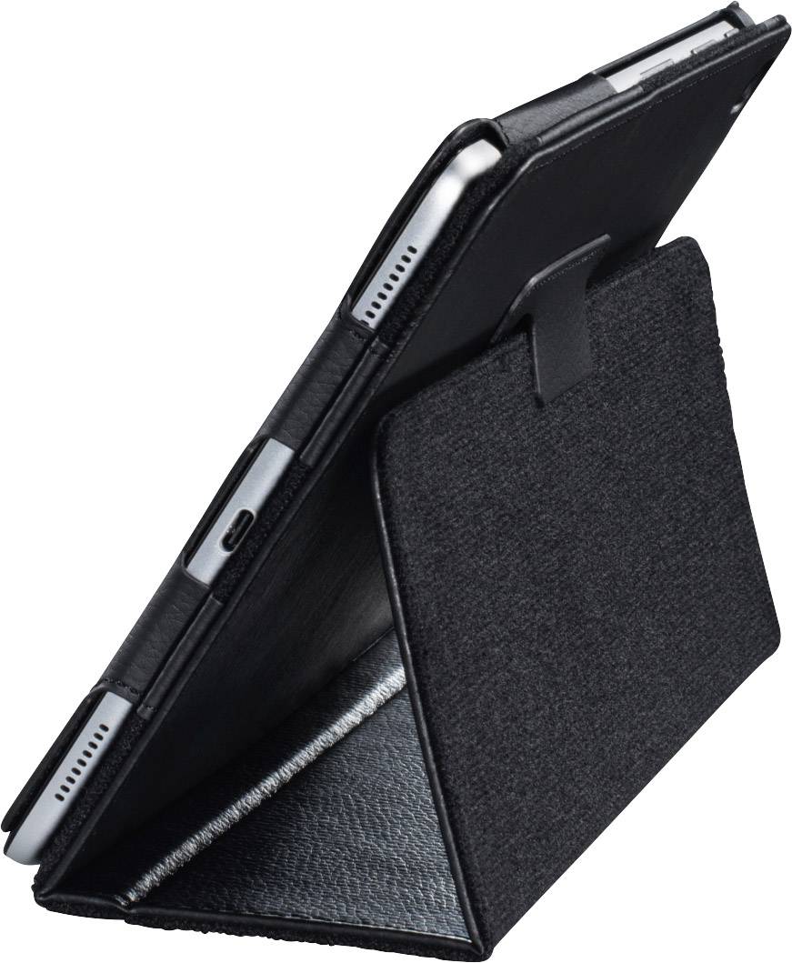 'Tablet in a black case positioned in a stand, side view. The device is slightly tilted and shows ports.'