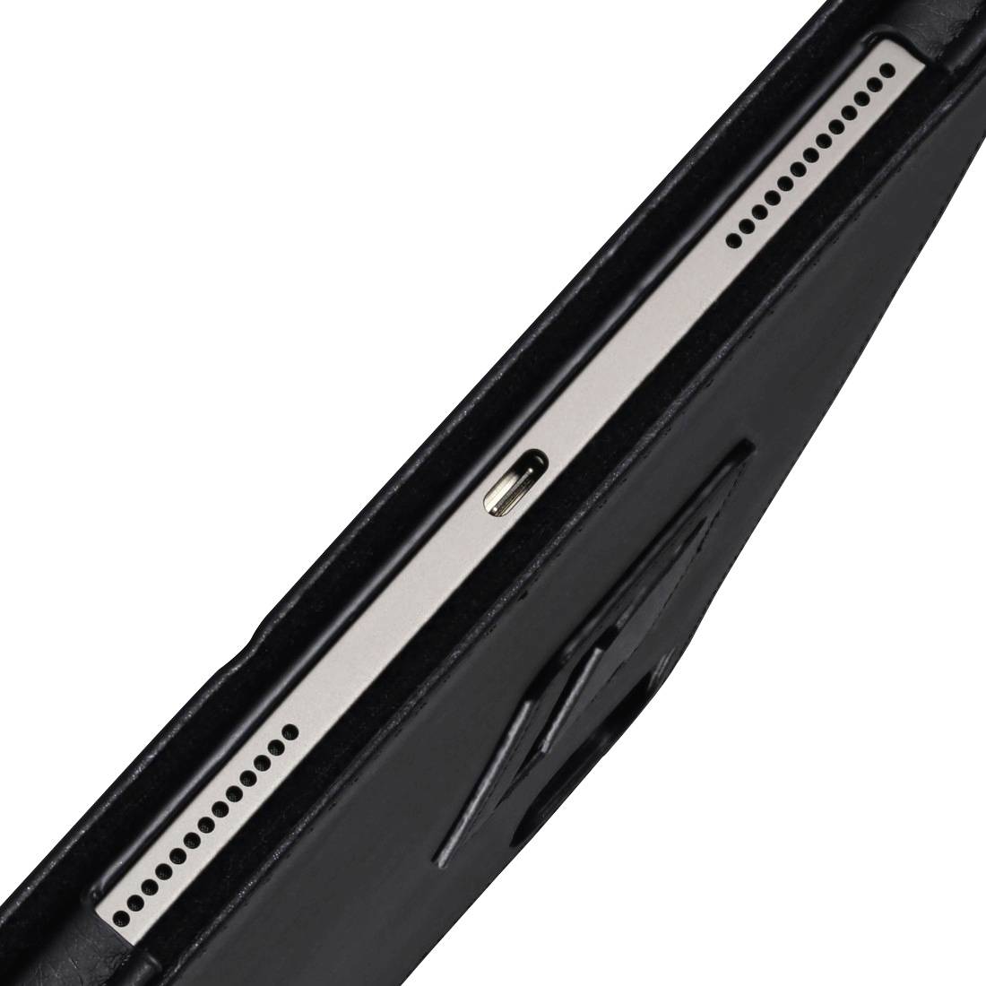 The image shows a close-up of the underside of a smartphone with speaker openings and charging port.
