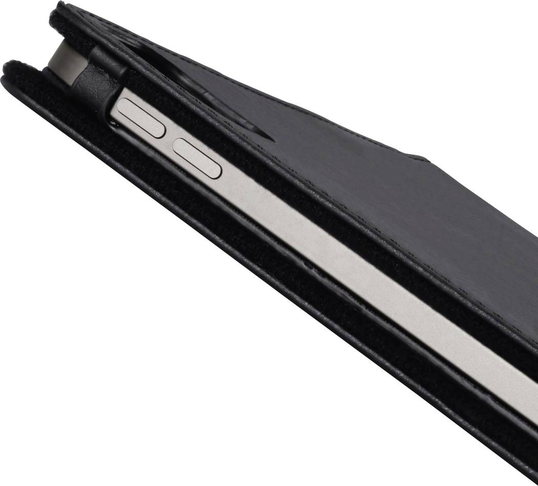 A smartphone in a black protective case, opened from the side. The side volume buttons of the phone are visible.