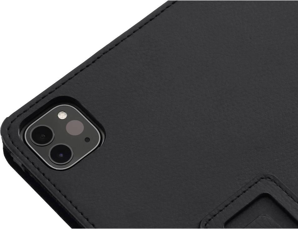 Black leather case protects smartphone with dual camera. Top corner of a smartphone partially enclosed by a case.