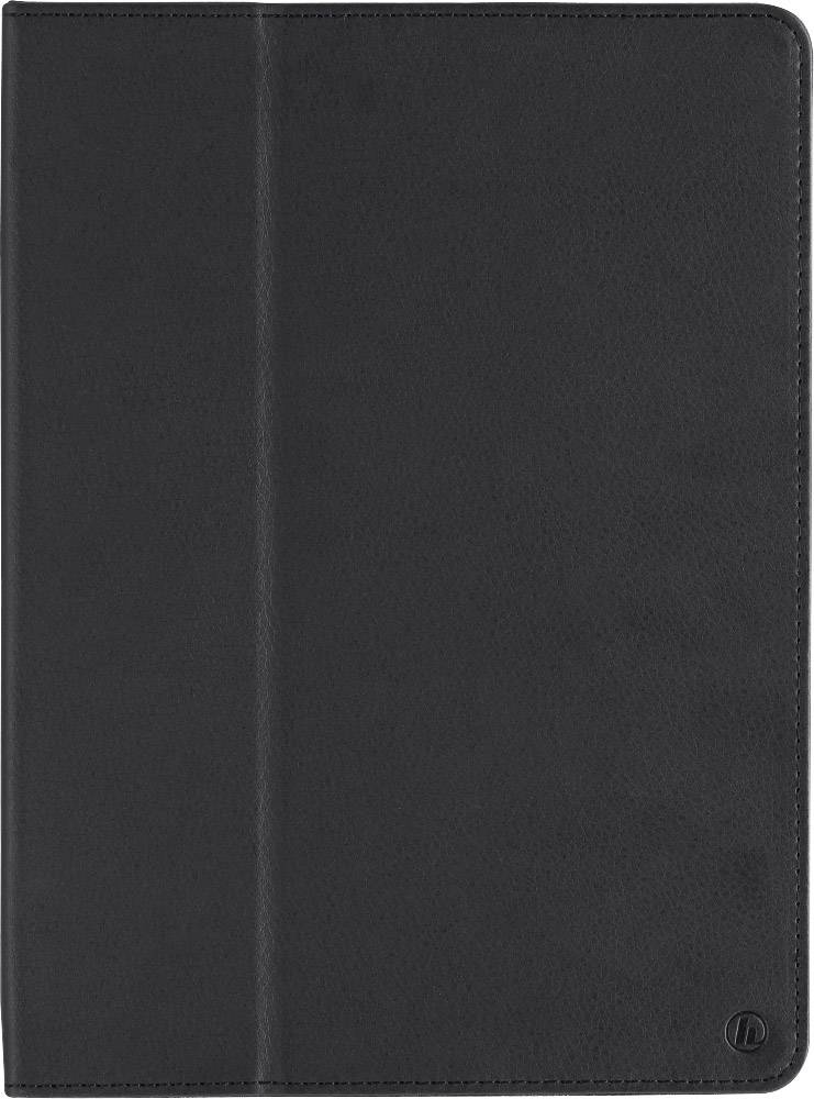 Black, rectangular leather case for a tablet, closed, with subtle stitching and a discreet logo in the bottom right corner.