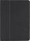 Black, rectangular leather case for a tablet, closed, with subtle stitching and a discreet logo in the bottom right corner.