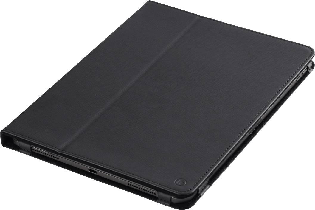 Black tablet case closed, made of leather with subtle stitching. Lying flat on a white background.
