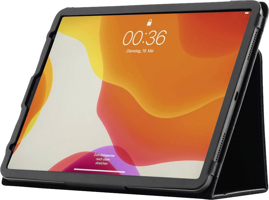 A tablet in a protective case shows a screen displaying the time '00:36' and date 'Tuesday, 19 March'.