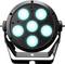 A spotlight with six light blue illuminating lights, built into a round, black housing.