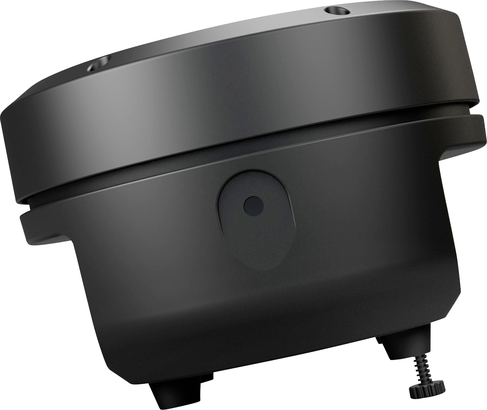 Black, round device with a screw on the underside, potentially a mounting fixture or base for a technical apparatus.