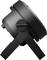 Black spotlight with sturdy base, side view. Suitable for stage or outdoor lighting.