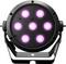 A black LED stage light with seven pink illuminated circles, mounted on an adjustable stand.