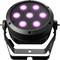'Headlamp with seven pink LED lights, arranged in a circular formation. The housing is black and has a mounting bracket.'