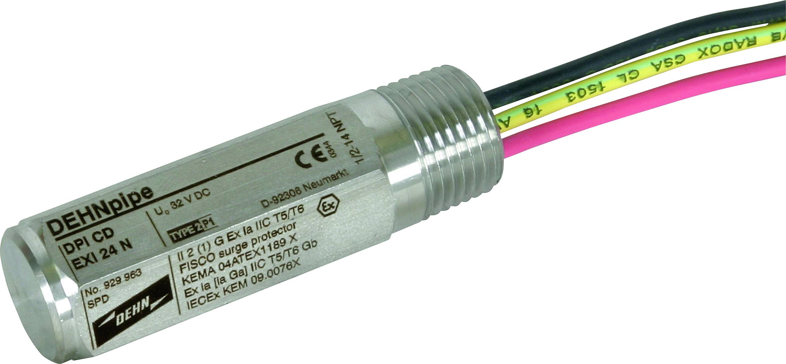 Lightning and surge protection device with cables in various colours. Silver housing with technical specifications printed.