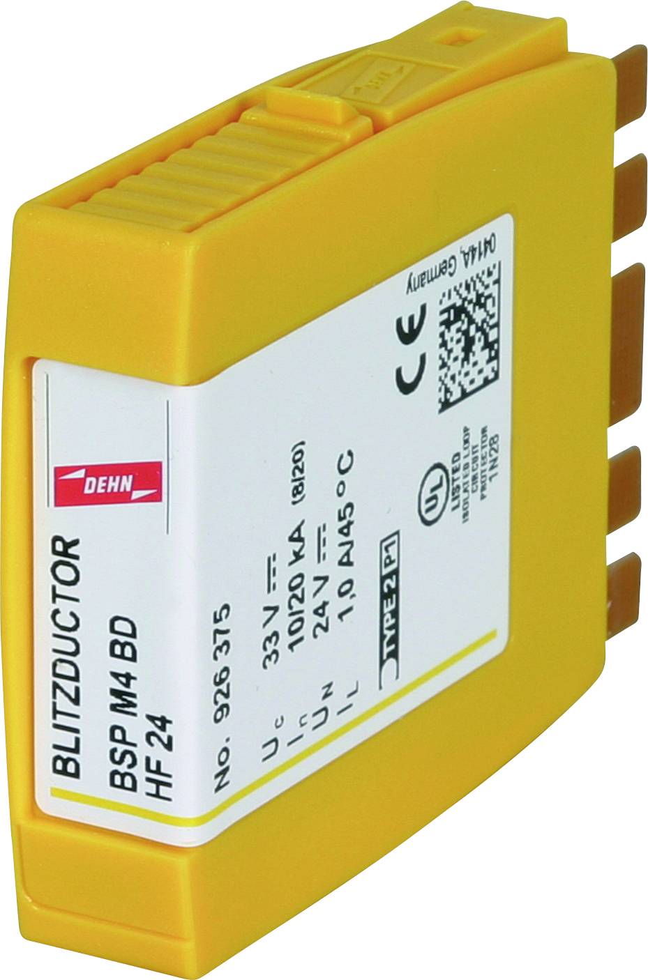 Yellow surge protection device with the inscription 'BLITZDUCTOR BSP M4 BD'. For low-voltage systems, with CE and UL certification.