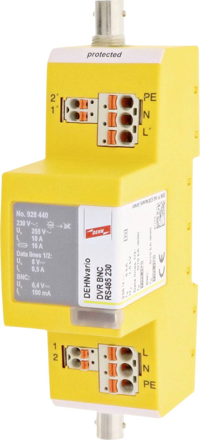 A yellow surge protection device for power lines in an electrical cabinet, with connection terminals and labels on the front.