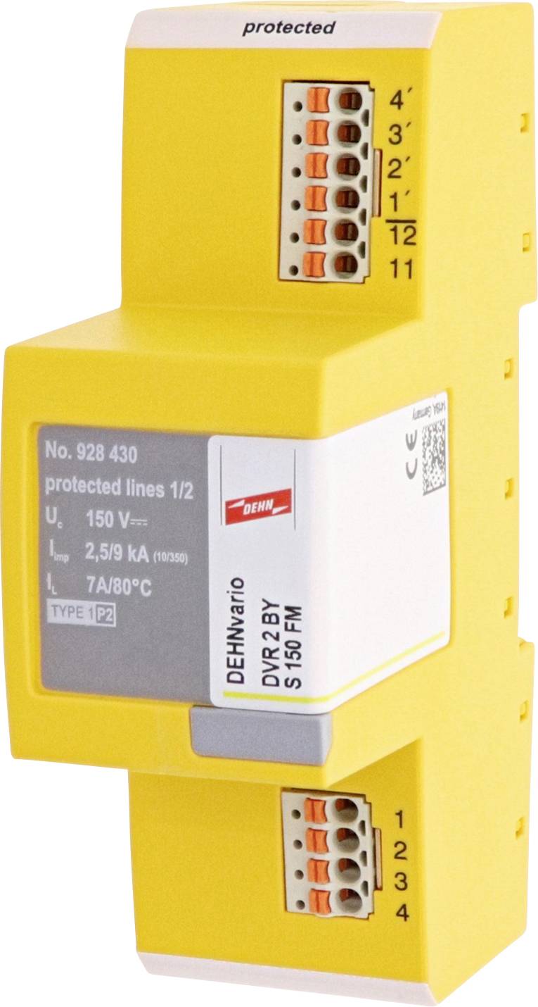 Yellow protective device for overvoltage protection, DEHN type, with terminals and technical specifications on the front.