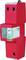 Overvoltage protection module in a red housing, mounted on a DIN rail, with technical specifications visible on the front.