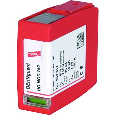 Red overvoltage protection with labelling 'DEHNguard DG MOD 750'. Contains technical specifications and QR code on the front.