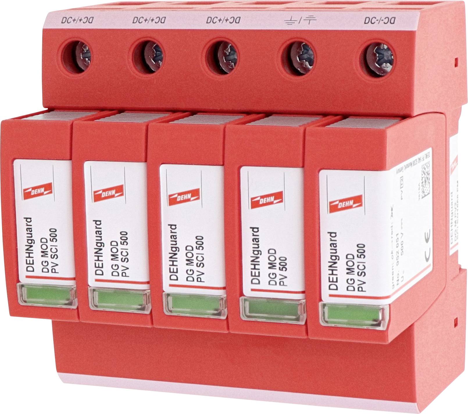 Five red protection modules for overvoltage protection of photovoltaic systems, marked with 'DC 500', mounted side by side.