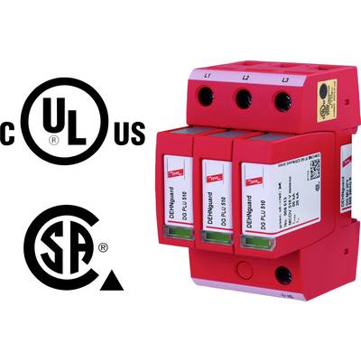 'Red overvoltage protection device with UL and CSA certification logos, model DEHNguard DG FM, with three connections L1, L2, L3.'