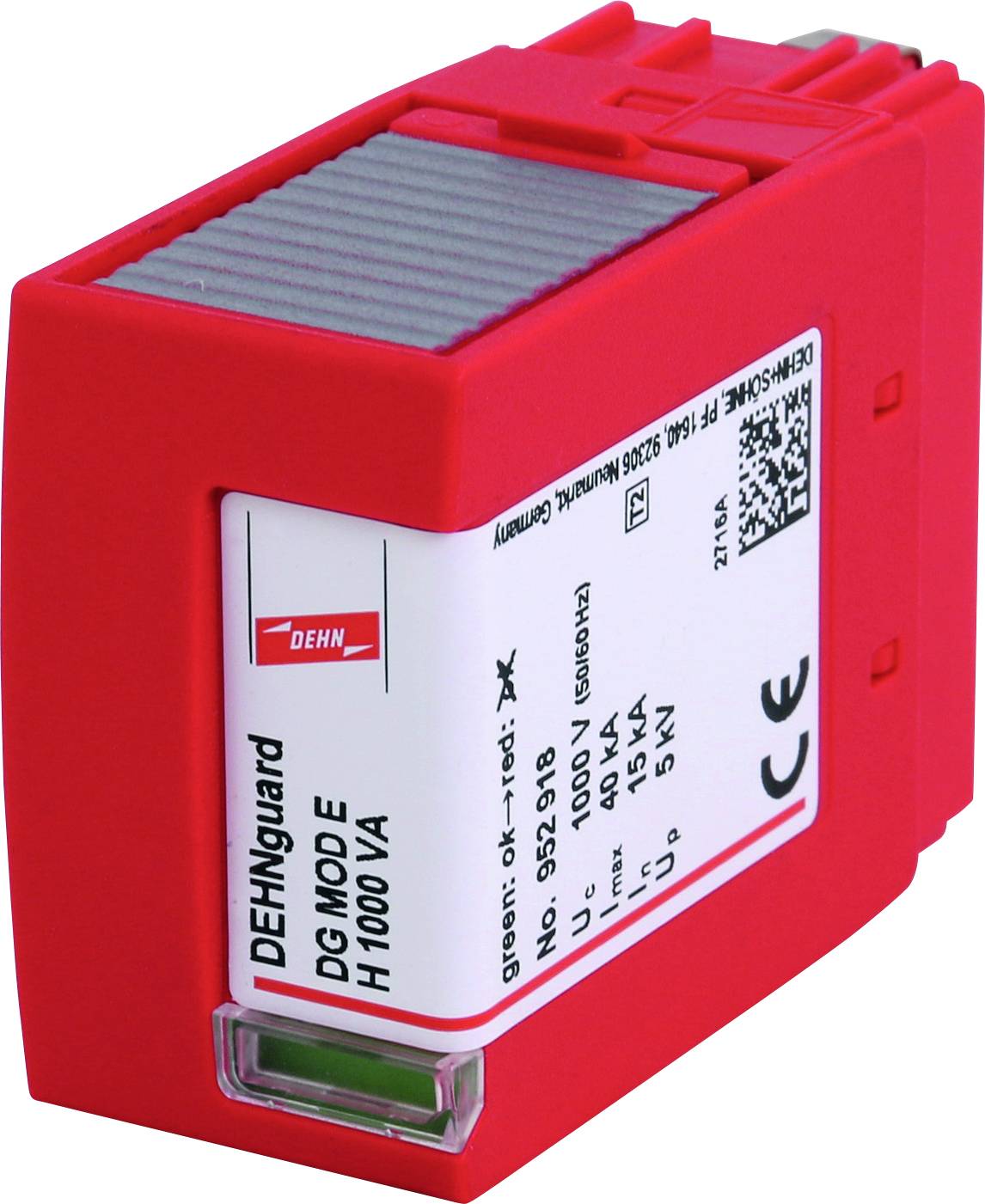 A red surge protection device with a technical label displaying the model name, current rating, voltage, and CE certification.