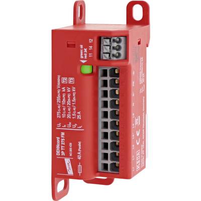 Red electrical module with multiple slots and marked technical specifications, suitable for industrial applications.