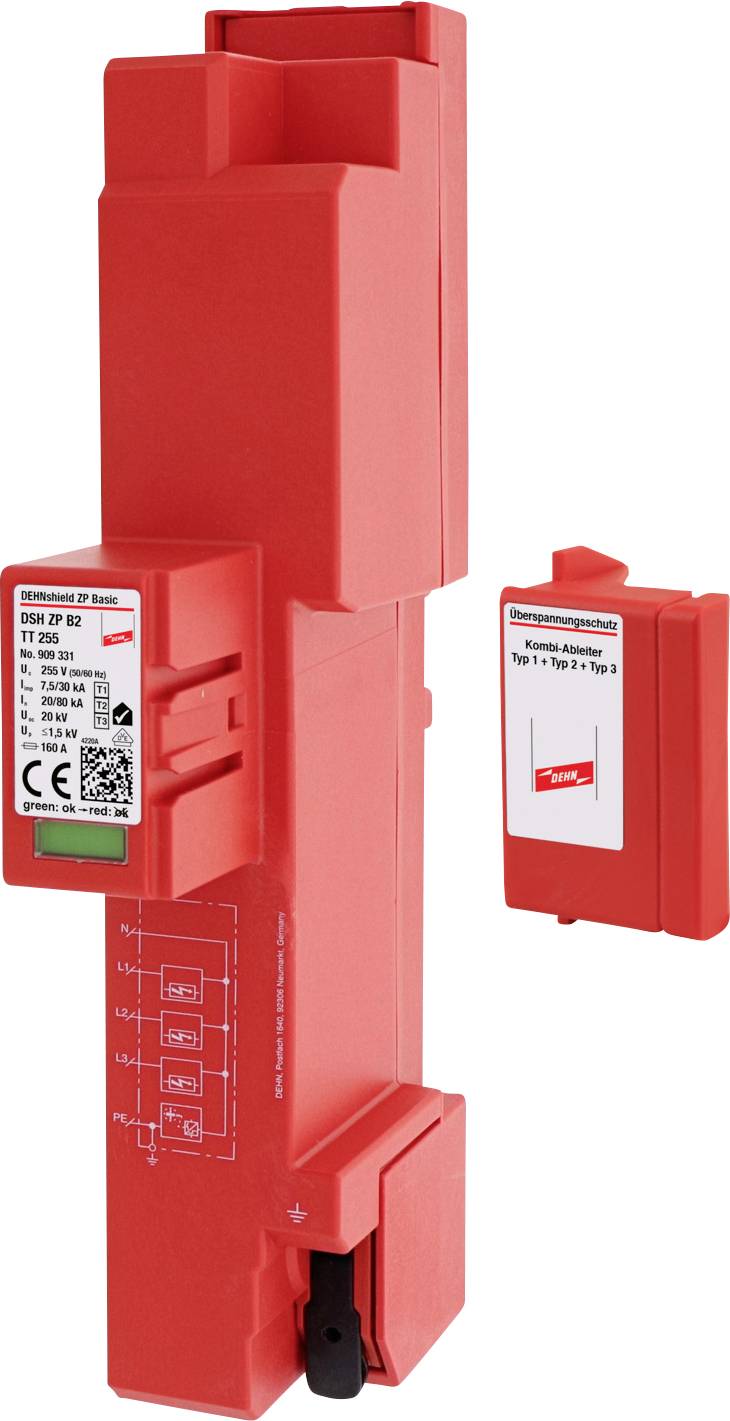 Red overvoltage protection for electrical systems, with printed circuit diagram and QR code.
