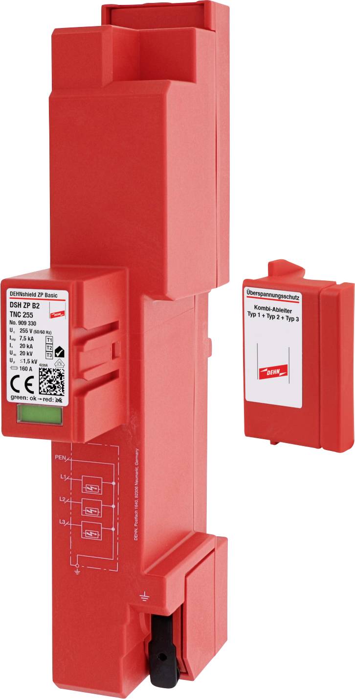 A red lightning protection module for busbar systems with labels, suitable for Type 1, Type 2 and Type 3 applications.