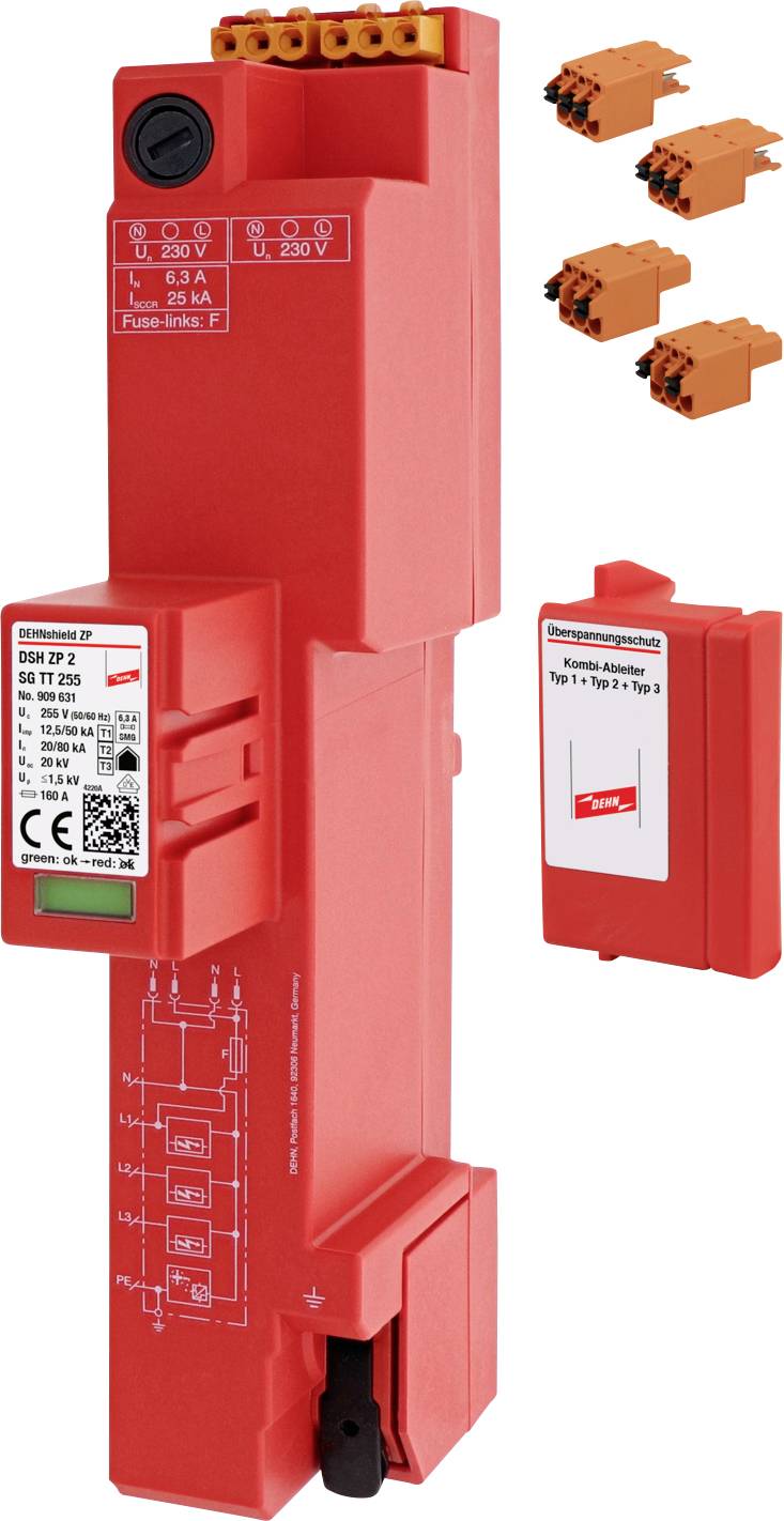 A red overvoltage protection device with technical details and verification marks. A circuit diagram is depicted on the side.