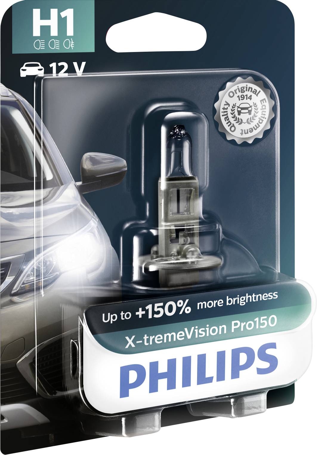 'Philips X-tremeVision Pro150', H1 Car Lamp, 12V, with up to 150% more brightness. Packaging shows car light and promotional seal.