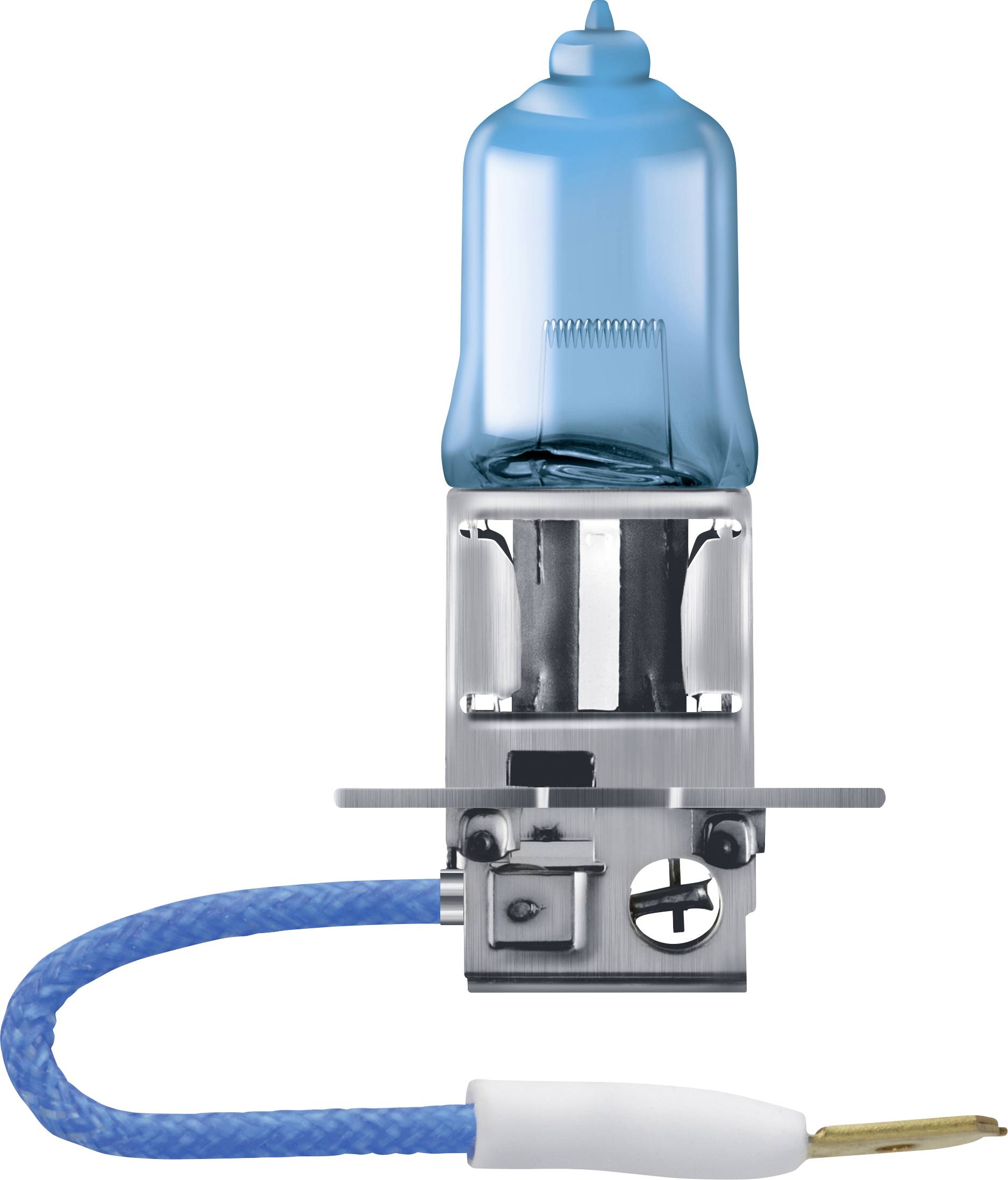 A blue halogen lamp with a metal bracket and blue cable.