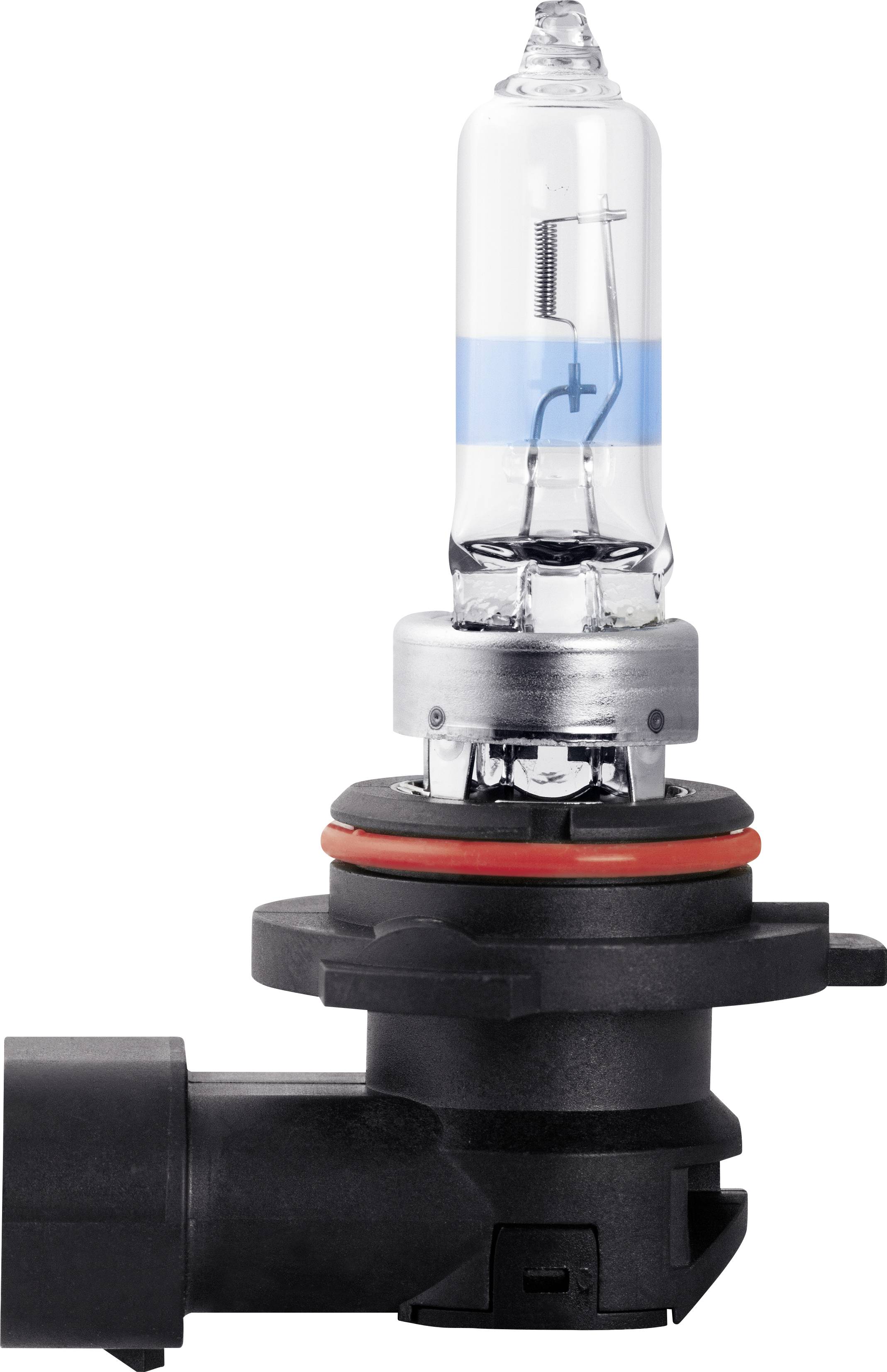 Halogen lamp in side-close-up view with visible filament, blue coating, and black connector base.