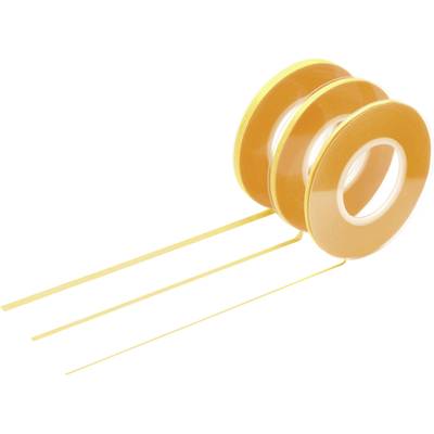 Three rolls of yellow adhesive tape are pulling off thin strips of tape that run parallel to each other.