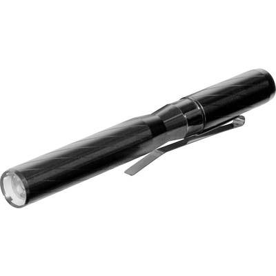A black torch with a clip, similar to a pen. It is slim and compact, perfect for mobile use.