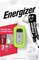 A portable torch by Energizer in green. It offers three modes and is splash-proof (IPX4). Packaging features a battery mascot.