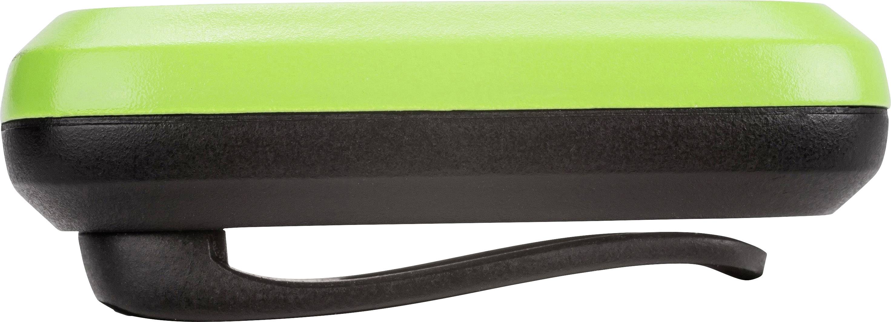 A green and black kitchen utensil that looks like a bottle opener, shown from the side.