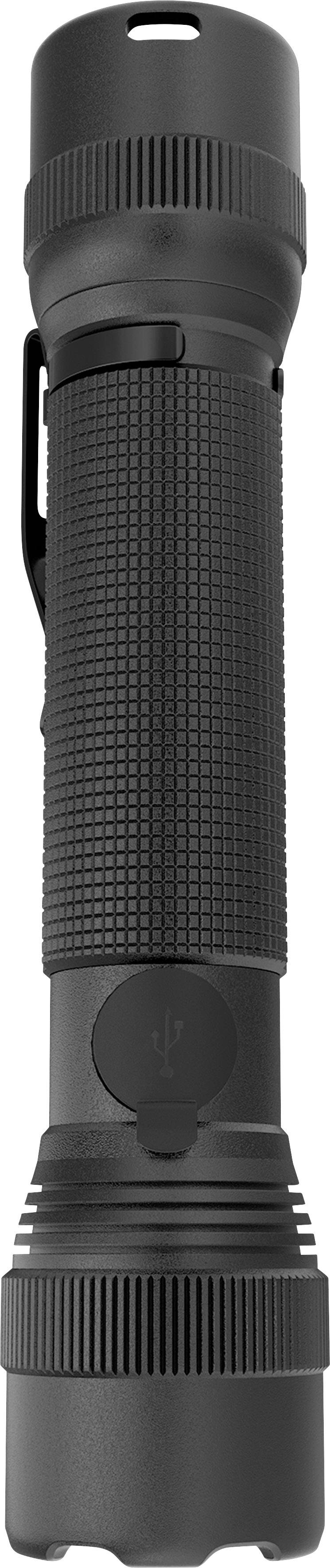 A black torch with a textured grip and USB port, positioned vertically.<br><br>Note: In British English, a "flashlight" is typically called a "torch", and the phrasing and word choice reflect natural British English usage.