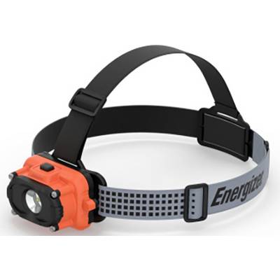 Head torch with adjustable black strap and orange lamp housing, displaying the 'Energizer' logo.