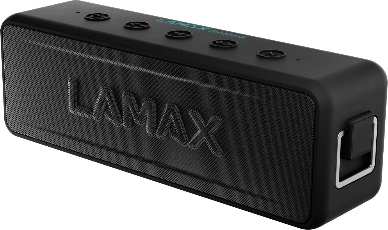 Black portable speaker with 'LAMAX' printed on the side, buttons on top and a handle on the right.