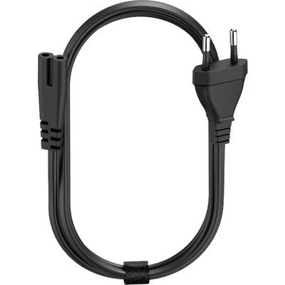 Black power cable with two round metal pins and a socket on the other end, for powering electrical devices.